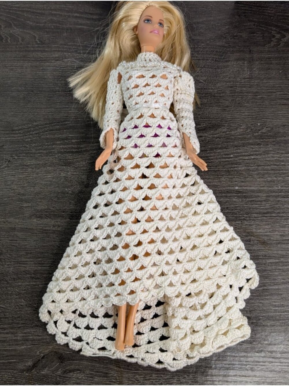 Handmade Crochet Barbie Bridal Gown w Pearl Collar & Headpiece – Regency